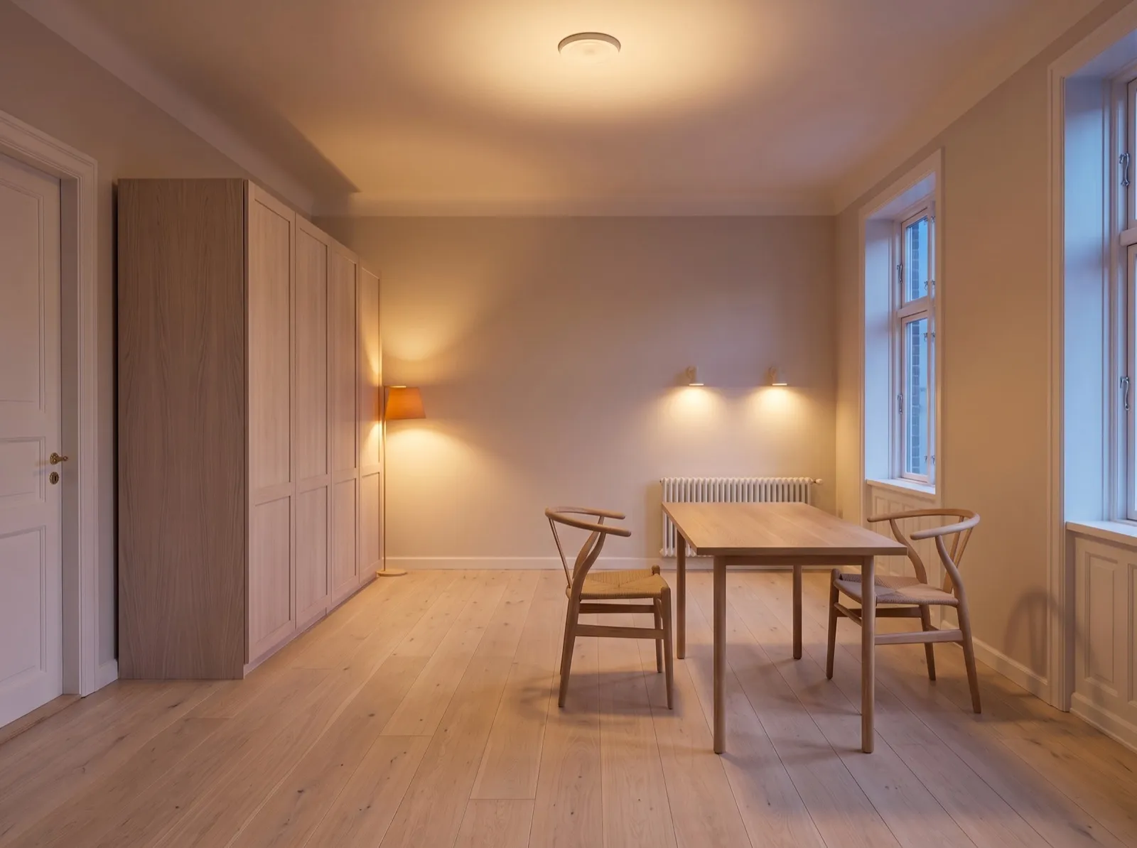 AuraHome ile tasarlanmış bir yemek odası, akşam ışığında